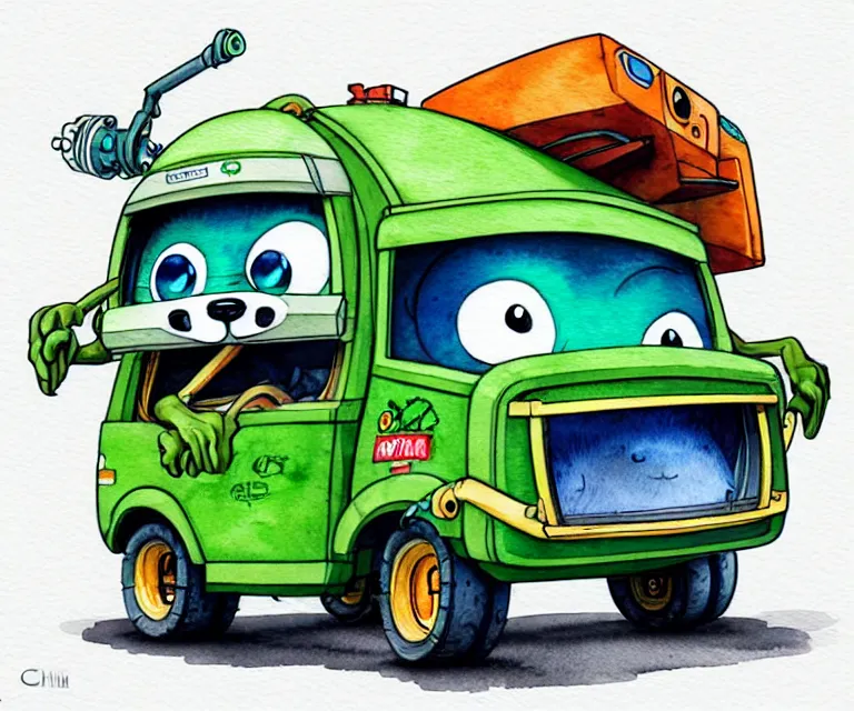 Image similar to cute and funny, racoon wearing goggles driving a tiny garbage truck, ratfink style by ed roth, centered award winning watercolor pen illustration, isometric illustration by chihiro iwasaki, edited by craola, tiny details by artgerm and watercolor girl, symmetrically isometrically centered