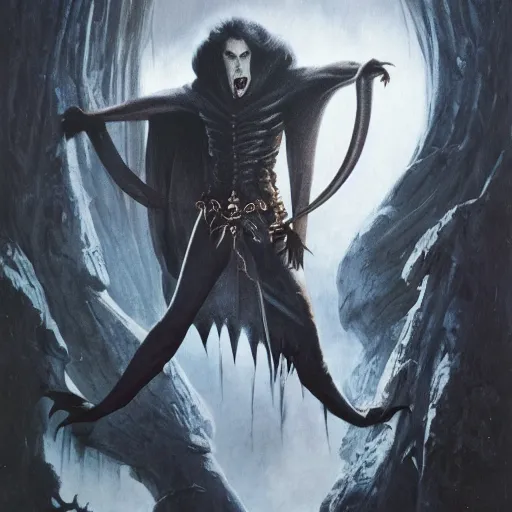 Image similar to head and shoulders vogue fashion photo portrait of a male vampire, d & d, fantasy, greg rutkowski, frank frazetta, alexandre chaudret, boris vallejo, michael whelan, miro petrov, hr giger, magali villeneuve, donato giancola