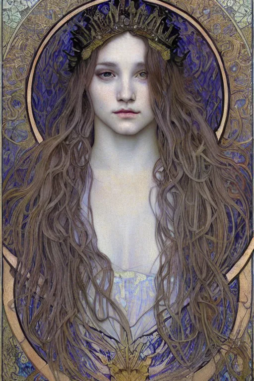 Image similar to detailed realistic beautiful young medieval queen face portrait by jean delville, alphonse mucha, vincent van gogh, and marco mazzoni, art nouveau, symbolist, visionary, gothic, pre - raphaelite