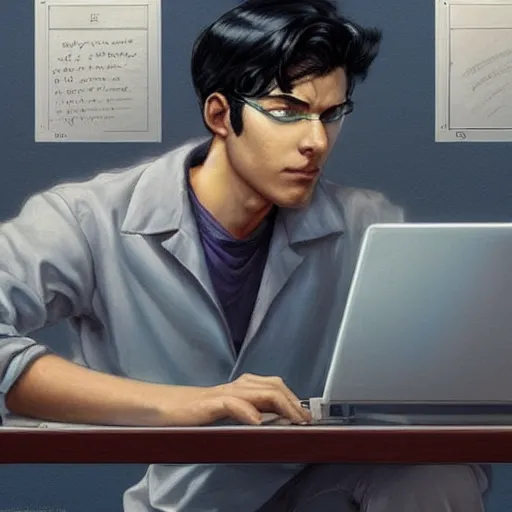 Image similar to a beautiful artwork of a young male scientist with black hair sitting at a desk with a laptop by Jerome Opeña, featured on artstation