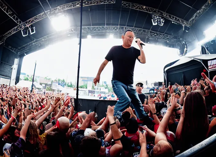 Image similar to photo still of tom hanks at vans warped tour!!!!!!!! at age 4 5 years old 4 5 years of age!!!!!!! stage diving into a crowd, 8 k, 8 5 mm f 1. 8, studio lighting, rim light, right side key light