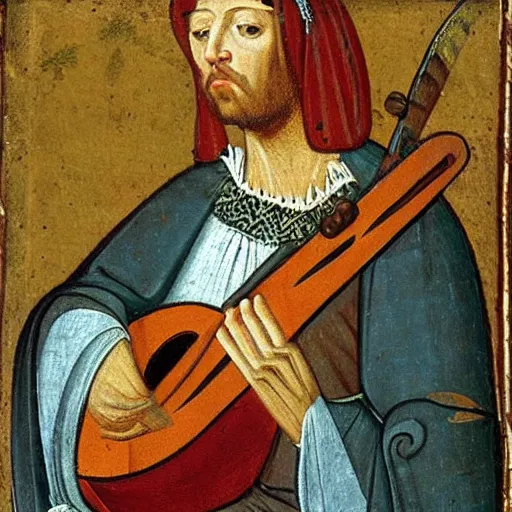 Prompt: medieval portrait of a cat playing lute, colorful