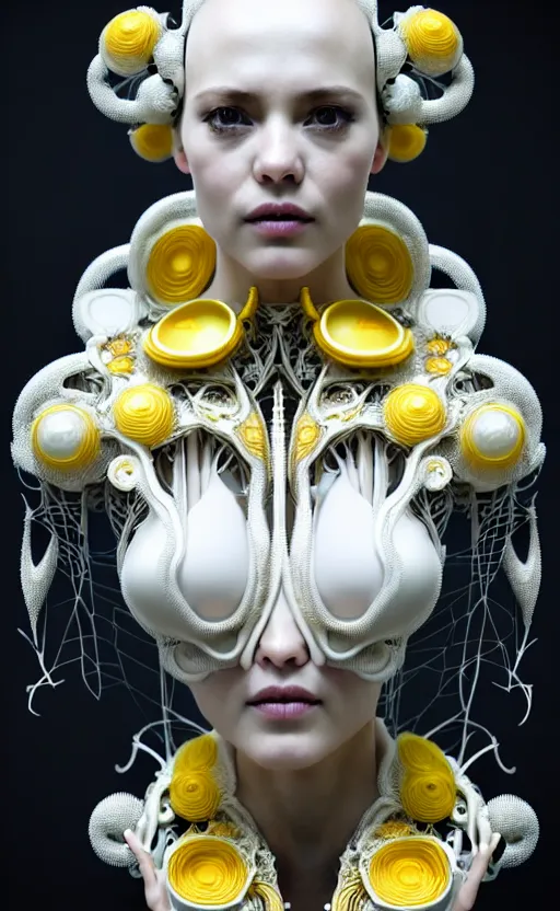 Prompt: intricate hyper detailed ultra sharp 3 d render of a beautiful smooth white porcelain seductive cyborg woman portrait, medium shot portrait, bright light, alexandre ferra mecha, haute couture deeply cyberpunk art nouveau huge white fractal mycelum and fungi light yellow blooms head ornaments, big embroidered leaves filigree spreaded roots, octane render, volumetric cinematic lighting, 8 k, vray tracing