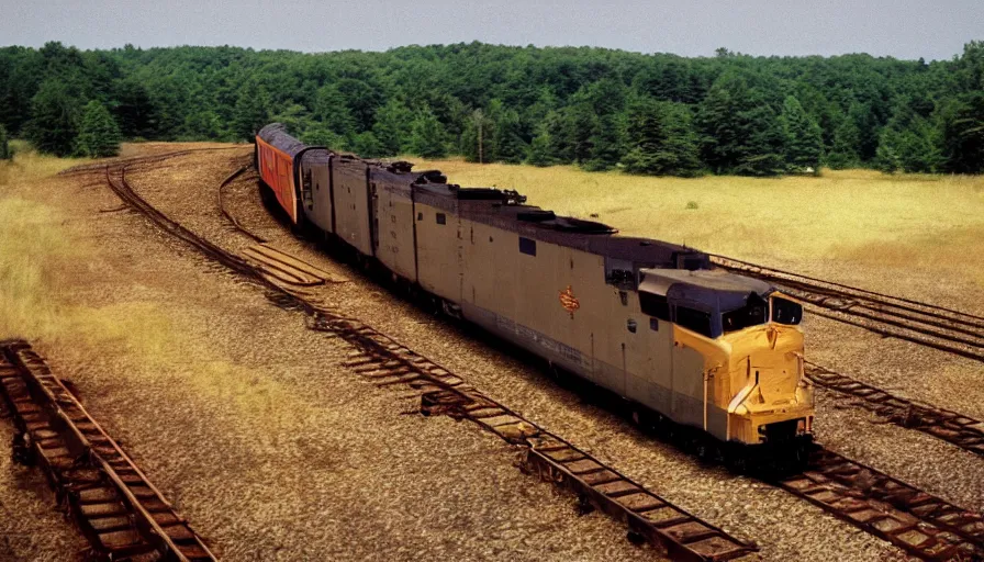 Image similar to cinematic movie still of a train in a northwest new jersey near dover new jersey, cinestill 8 0 0 t 3 5 mm 1 9 8 9, technicolor, heavy grain, high quality, high detail, golden hour, warm light