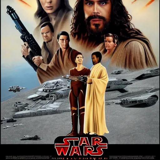 Image similar to super detailed star wars movie poster with Jesus Christ and kim kardashian, 8k full HD photo, cinematic lighting, anatomically correct, oscar award winning, action filled, correct eye placement,