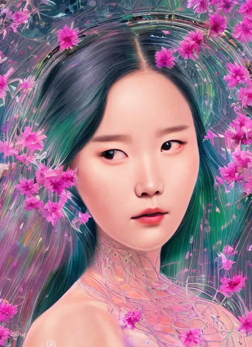 Image similar to portrait of IU Lee Ji-Eun as a Celestial Goddess of a futuristic pearlescent holographic, inside future fighter, sci-fi, fantasy, intricate, lush garden spaceship with sakura season flowers in Kyoto Japan, elegant, human anatomy, royal green and nature light, highly detailed, digital painting, artstation, concept art, smooth, sharp focus, illustration, art by tian zi and WLOP and alphonse mucha, masterpiece, 3d blender