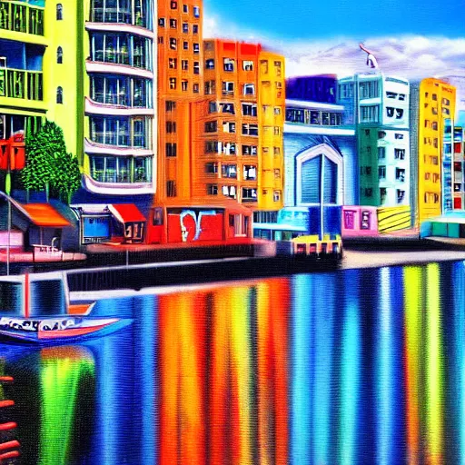 Prompt: water front view of wellington new zealand capital spray paint art, detailed buildings, colorful, 8 k, hd, trending on art station