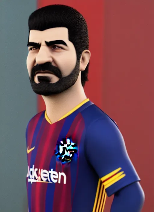 Image similar to portrait of sadam hussain, head and torso, fc barcelona jersey number 1 0, dark blue, maroon red, unreal engine 5, trending on artstation, octane render