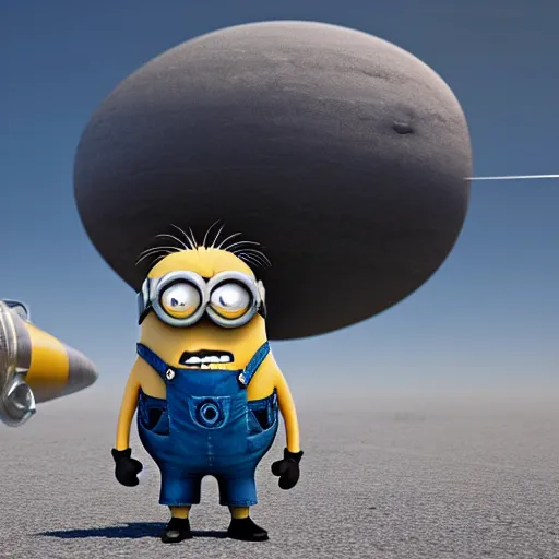 Image similar to minion in space, in front of a rocket, chasing a banana, hyperrealistic render, highly detailed, 4k, artstation