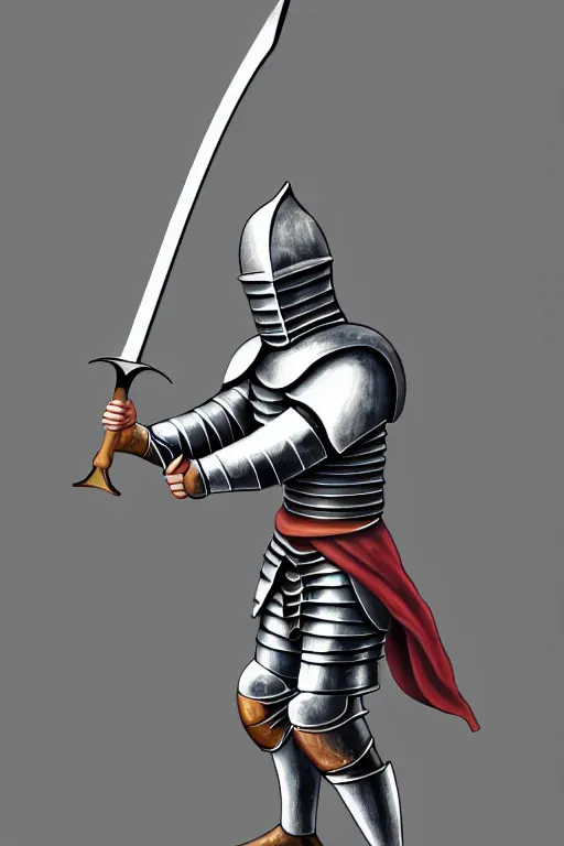 Prompt: knight with a sword, full height, head neck body hands legs, correct anatomy, high angle, centered, by karlkopinski, light colors, solid background