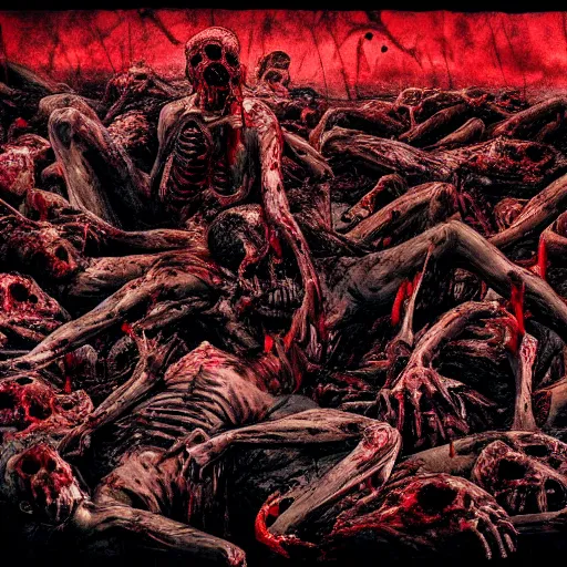 Image similar to demon eating man flesh on a huge pile of dead bloody bodies, rivers of blood running down, black ground, black sky, red sun