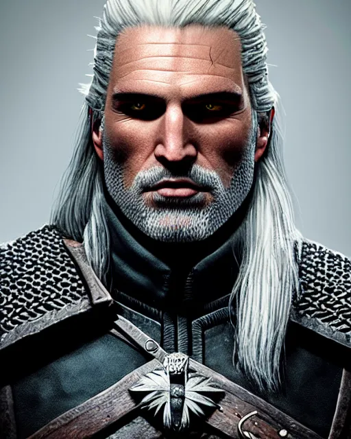 Image similar to portrait of geralt of rivia, 5 5 mm lens, professional photograph, times magazine, serious, stern look, zoomed out