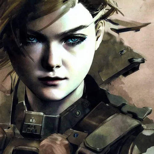 Image similar to a hyper real illustration of Elle Fanning in Metal Gear Solid by Yoji Shinkawa