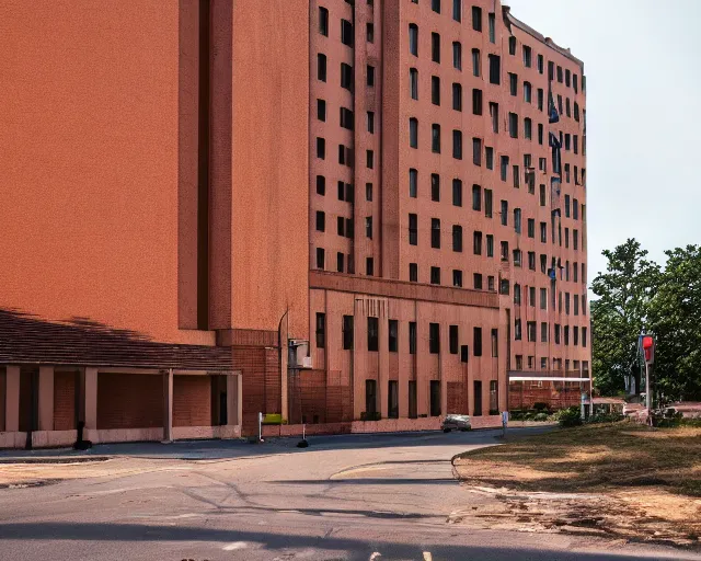 Image similar to a tall building with a brown roof next to a road, a matte painting by zlatyu boyadzhiev, unsplash, new objectivity, hdr, photo taken with provia, photo taken with ektachrome