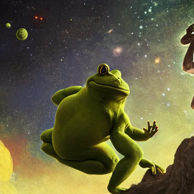 Prompt: an toad! with green muscular body jumps to the sky to become one with the stars, wearing yellow sleeveless shirt and black sport shorts, cosmos, moon, by mucha and caspar david friedrich, atmospheric lighting, intricate detail, cgsociety, hyperrealistic, octane render, rpg portrait, ambient light, dynamic lighting
