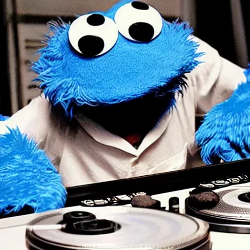 Prompt: “photograph of Cookie Monster as a DJ with turntables that are cookies”