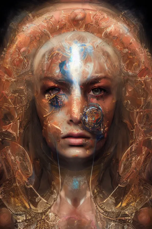 Prompt: photorealistic portrait god oracle with eyes shrouded by dark energy by ayami kojima and ewelina kowalczyk and alessio albi, trending on artstation, realistic, photorealistic, vibrant colors, symmetrical face, glistening skin, dark skin, volumetric lighting, subsurface scattering