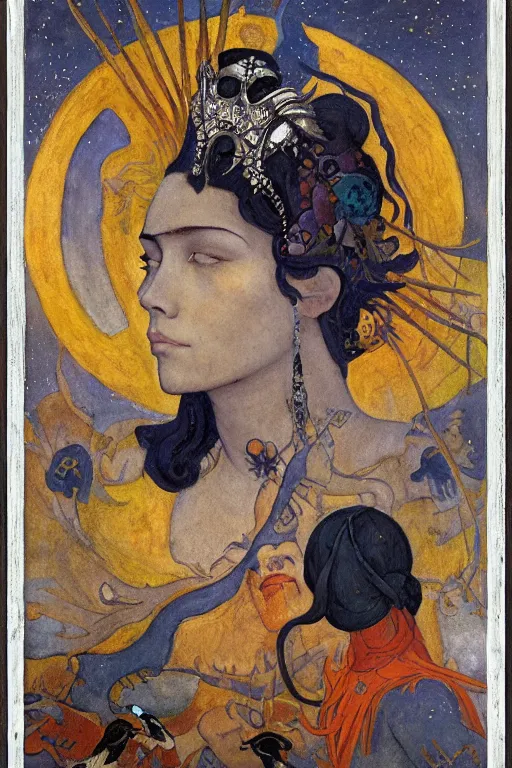 Image similar to queen of the crows with stars in her hair by Nicholas Roerich and Annie Swynnerton and Diego Rivera and jean delville and Carl Larsson, dramatic cinematic lighting , silver jewelry, ornate headdress, flowing robes, sacred artifacts, lost civilizations, smooth, sharp focus, extremely detailed