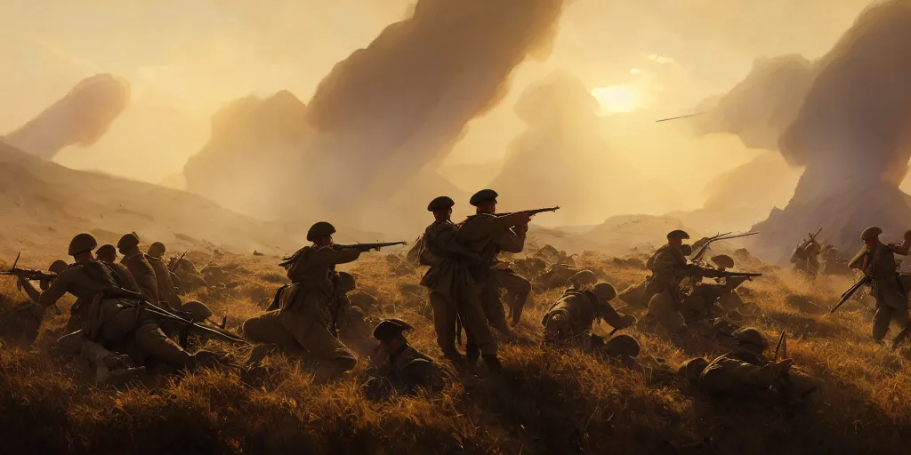 Prompt: gallipoli campaign, turkish soldiers are defending the dardanelles, battlefield 1 aesthetic, extremely detailed digital painting, in the style of fenghua zhong and ruan jia and jeremy lipking and peter mohrbacher, mystical colors, rim light, beautiful lighting, 8 k, stunning scene, raytracing, octane, trending on artstation