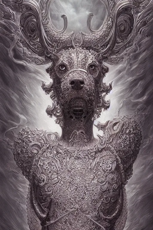 Image similar to Dog as a god, detailed face, gorgeous, delicate and intricate borders for decoration, amazing, flowing hair, muscular, partial anatomy, crepuscular ray, intricate, highly detailed, 8K, digital painting, fantasy, artstation, concept art, sharp focus, over-shoulder shot, illustration, art by Wayne Barlowe, hajime Sorayama alphonse mucha