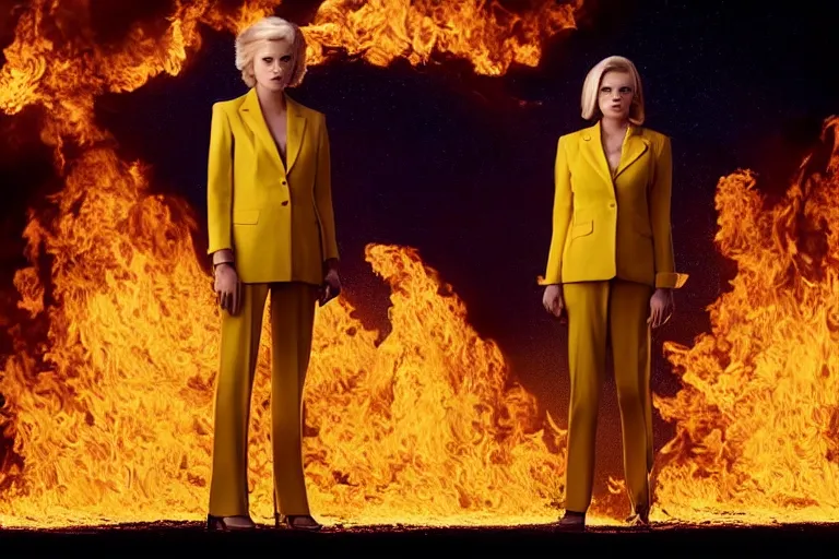 Image similar to a moody photograph of a confident caucasian woman in her 6 0's with short blonde hair wearing a tailored yellow suit standing against a backdrop of the planet earth engulfed in flames. photograph by annie leibowitz, cinematic lighting, sci fi, futuristic