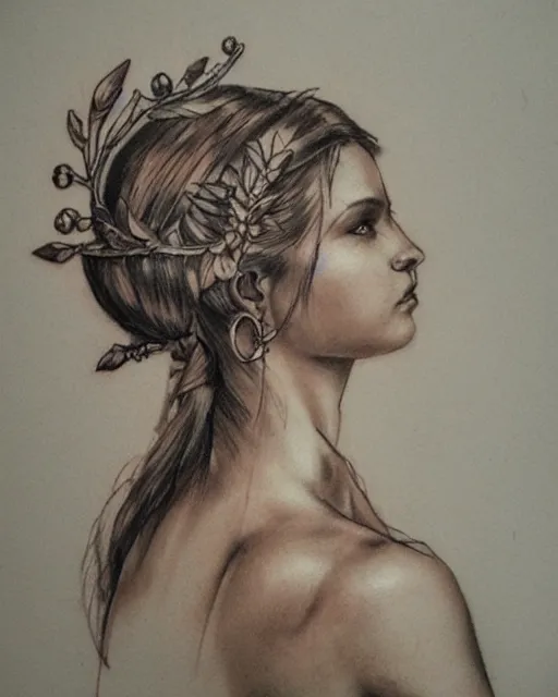 Image similar to realism tattoo sketch of a beautiful greek goddess aphrodite with piercing eyes wearing a laurel wreath and triangle earrings, in the style of greg rutkowski, amazing detail