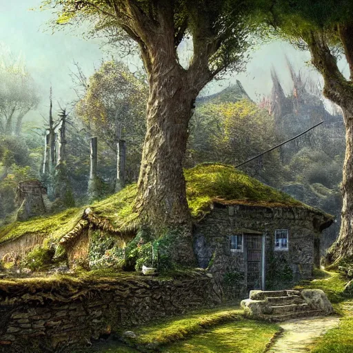 Image similar to a small serene fantasy village on the edge of the woods, by alan lee, lord of the rings, smooth, detailed terrain, oil painting, matte painting, concept art, trending on artstation