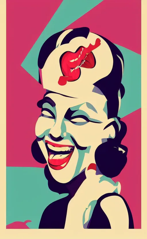 Image similar to illustration portrait of a woman with white buzzcut laughing out loud, art deco painting by tom whalen, by tomer hanukam funny meme photo, trending on behance, digital illustration, storybook illustration, grainy texture, flat shading, vector art, airbrush, pastel, watercolor, poster