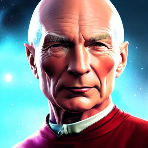 Image similar to A hyper real comic book style portait painting of Captain Picard in an astronaut suit, unreal 5, hyperrealistic, octane render, cosplay, RPG portrait, dynamic lighting