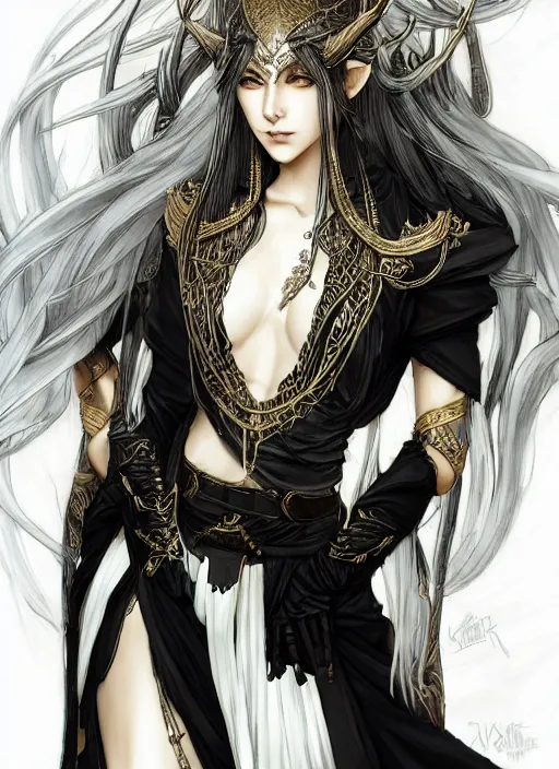 Image similar to Half body portrait of a beautiful elven healer with long straight black and blonde hair wearing ornate white and gold robe. In style of Yoji Shinkawa and Hyung-tae Kim, trending on ArtStation, dark fantasy, great composition, concept art, highly detailed, dynamic pose.