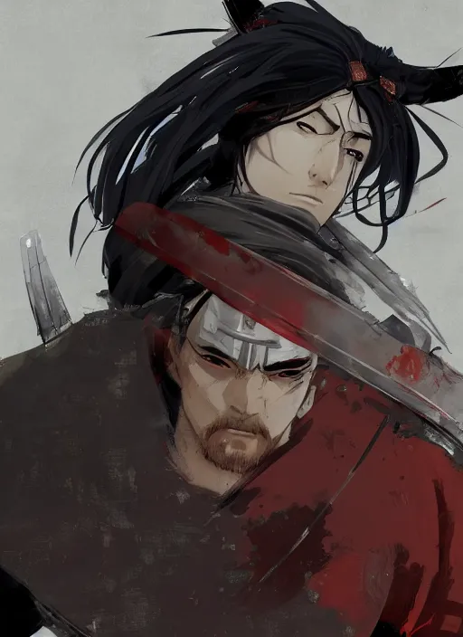 Image similar to portrait of a rough samurai ronin, digital painting masterpiece, advanced lighting technology, stylized yet realistic anatomy and face, gorgeous, by reiq and bengus and akiman and shigenori soejima and bastien vives and balak and michael sanlaville, 4 k wallpaper, cinematic, gorgeous brush strokes, coherent and smooth