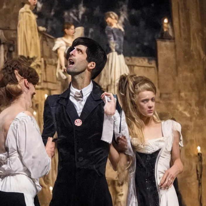 Prompt: novak djokovic playing the role of josephine in'les miserables'in a black wig. he and tess ( louis keller ) are dressed as lovers while they are singing the song'when you walk in the room '.'