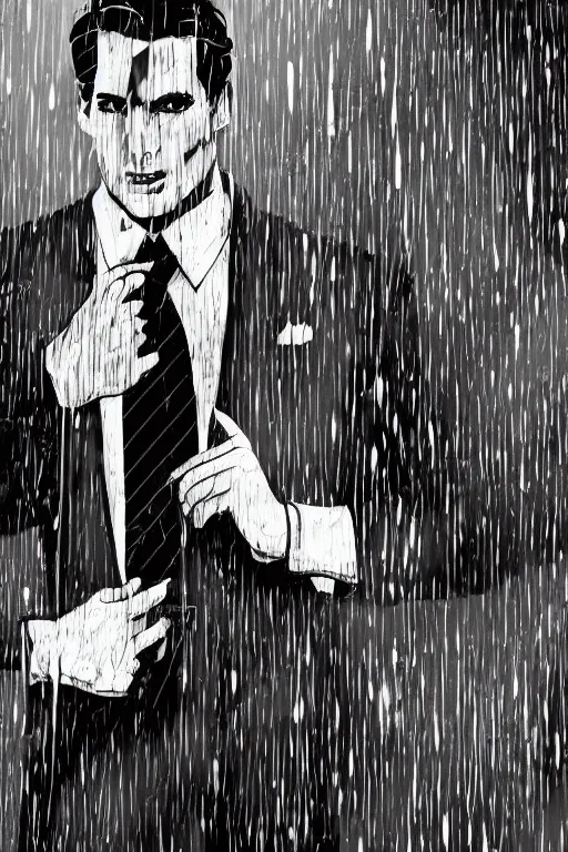 Image similar to black and white illustration of Patrick Bateman in a rainy street, neo noir style, Frank Miller creative design, body horror