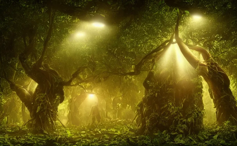 Image similar to a beautiful render of a tree with human heads as fruits in rainforest, big flashlight lighting, intricate detail, hazy, humid, volumetric lighting, god rays, 8 k, photorealistic, raytracing effects, unreal engine 5, terrorific, suspense