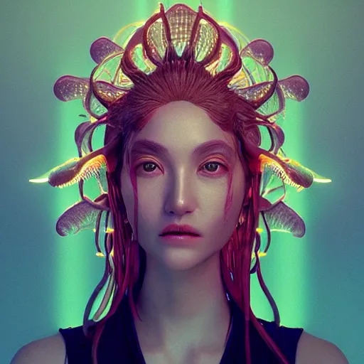 Image similar to goddess portrait. jellyfish phoenix head. intricate artwork by Tooth Wu and wlop and beeple. octane render, trending on artstation, greg rutkowski very coherent symmetrical artwork. cinematic, hyper realism, high detail, octane render, 8k