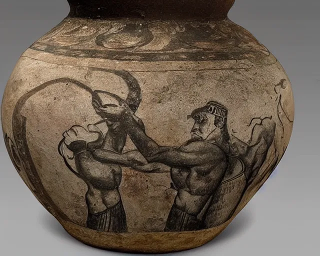 Prompt: a beautiful, ancient, greek amphora container, museum item, with drawings of french crossfiter with a moustache h 1 0 2 4