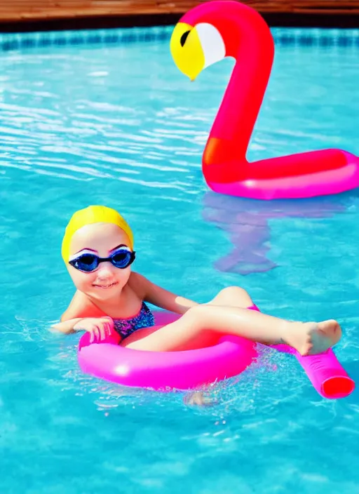 Prompt: color sketch of a young girl in a swimming pool, with an inflatable flamingo floating nearby, professional