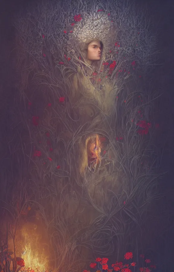 Image similar to portrait of a knight among flowers in dark forest, surrounded by fire and smoke, moody, rim light, dynamic lighting, cinematic shot, gritty, ultra - detail, renderman, physically based render, jean delville, gustave dore and marco mazzoni