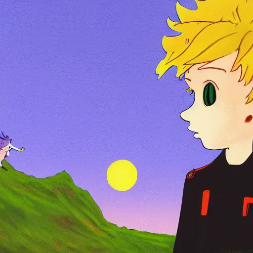 Prompt: the little prince, fox, sunset, gorillaz art style