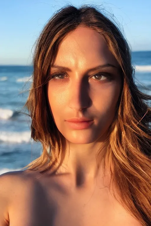 Image similar to 2 4 year old female model, wearing low cut top, zoomed in, photo realistic, extreme detail skin, no filter, slr, golden hour, beach, wind in hair, 4 k, high definition, selfie