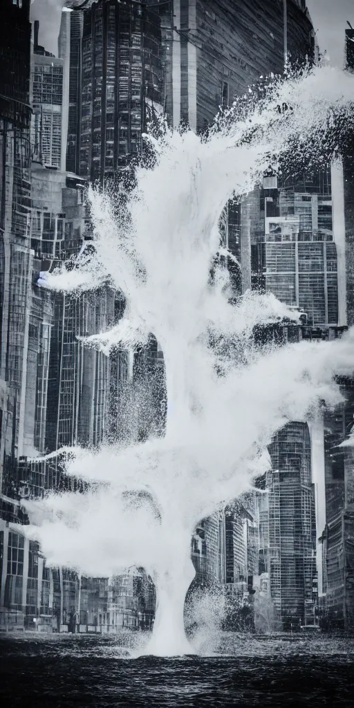 Image similar to water tornado in the city, ultra realistic, photorealistic, highly detailed, sharp focus