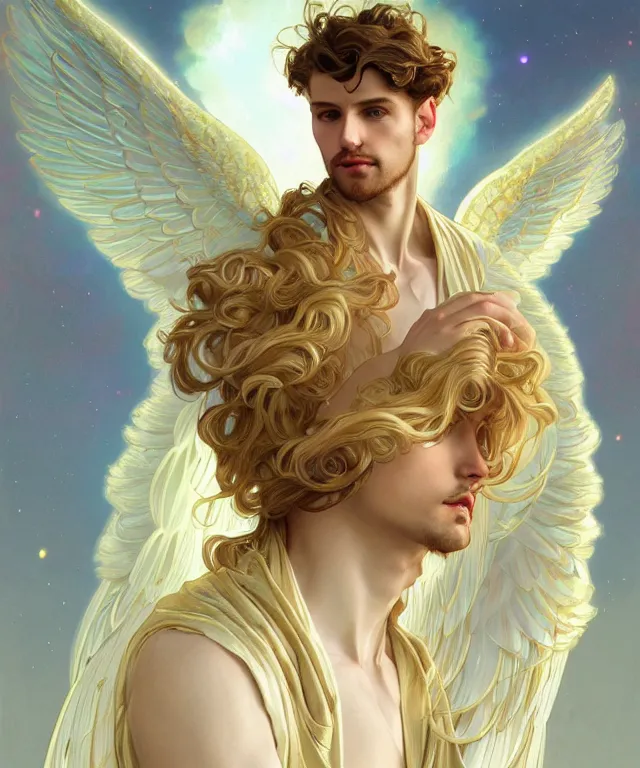 Image similar to symmetrical fullbody portrait of a beautiful young fit male angel with curly blond hairs, full dressed in long fluent clothes, majestic big dove wings, luminous halo, by greg rutkowski and alphonse mucha, gradient white to gold, in front of an iridescent background, highly detailed portrait, digital painting, artstation, concept art, smooth, sharp focus illustration