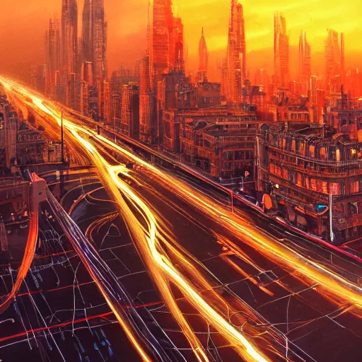 Image similar to detailed intricate digital illustration by greg rutkowski and artgerm and wlop and sanford robinson gifford ; glowing anatomically correct human veins loom over city intersection ; 1 3 mm film, arri alfa anamorphic lens ; long exposure, sharp focus ; golden hour, trending on artstation 8 k