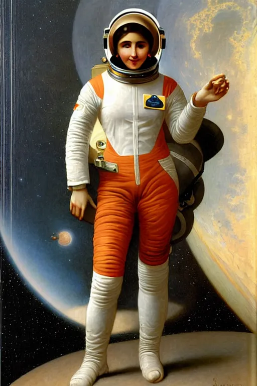 Image similar to a portrait of a female astronaut, wearing a spacesuit and helmet, by bouguereau