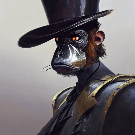 Image similar to photorealistic painting of a monkey with a top hat, partially clothed in metal-plated battle armor, symmetrical face, perfect eyes, intricate, elegant, digital painting, concept art, illustration, sharp focus, minimal artifacts, from Metal Gear, in the style of Ruan Jia and Mandy Jurgens, by Greg Rutkowski, trending on Artstation, award winning