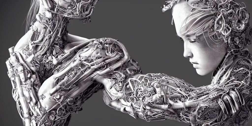 Image similar to hyper realistic photography of a stunningly beautiful cyborg female, elbow, plated arm, intimate, holding close, ribbons, in the style of beth cavener, jin kagetsu,, and wlop, highly detailed, intricate filigree, symmetry, masterpiece, award winning, sharp focus, concept art, highkey lighting, ambient lighting, octane render, 8 k, artstation
