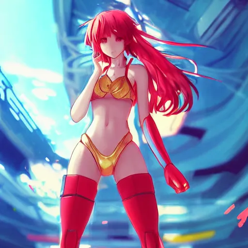 Image similar to digital anime art, very small cute girl on a large table, red mech arms and red mech legs, blue watery eyes!!!, short gold hair!!!, red bikini, full body!!!, wlop, rossdraws