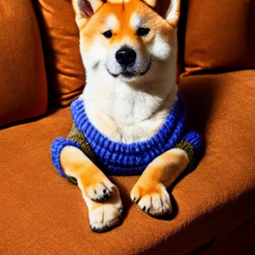 Image similar to portrait of a shiba inu wearing a bright 8 0 s sweater sitting on a couch