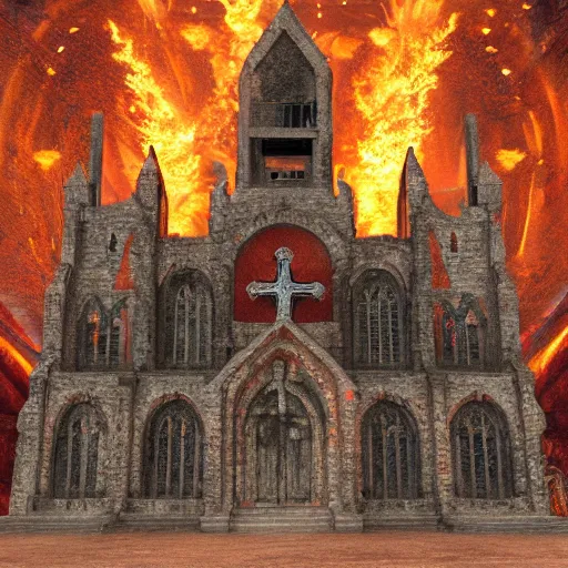 Image similar to church in hell, 8k, ultra detailed