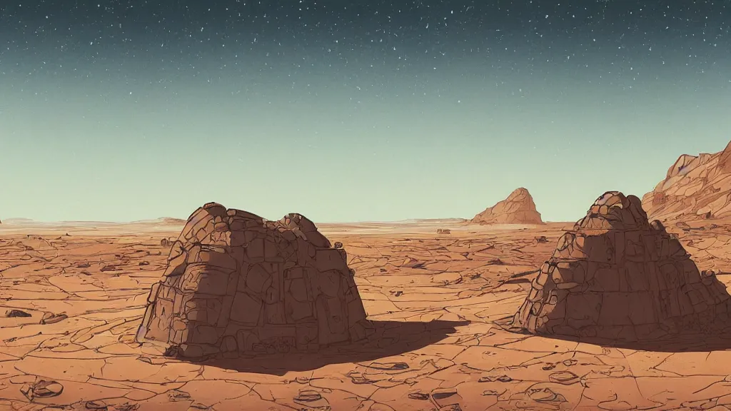 Image similar to very detailed, prophet graphic novel, ilya kuvshinov, mcbess, rutkowski, simon roy, illustration of a plateau with a large bunker door built into the side on a desert planet, wide shot, colorful, deep shadows, astrophotography